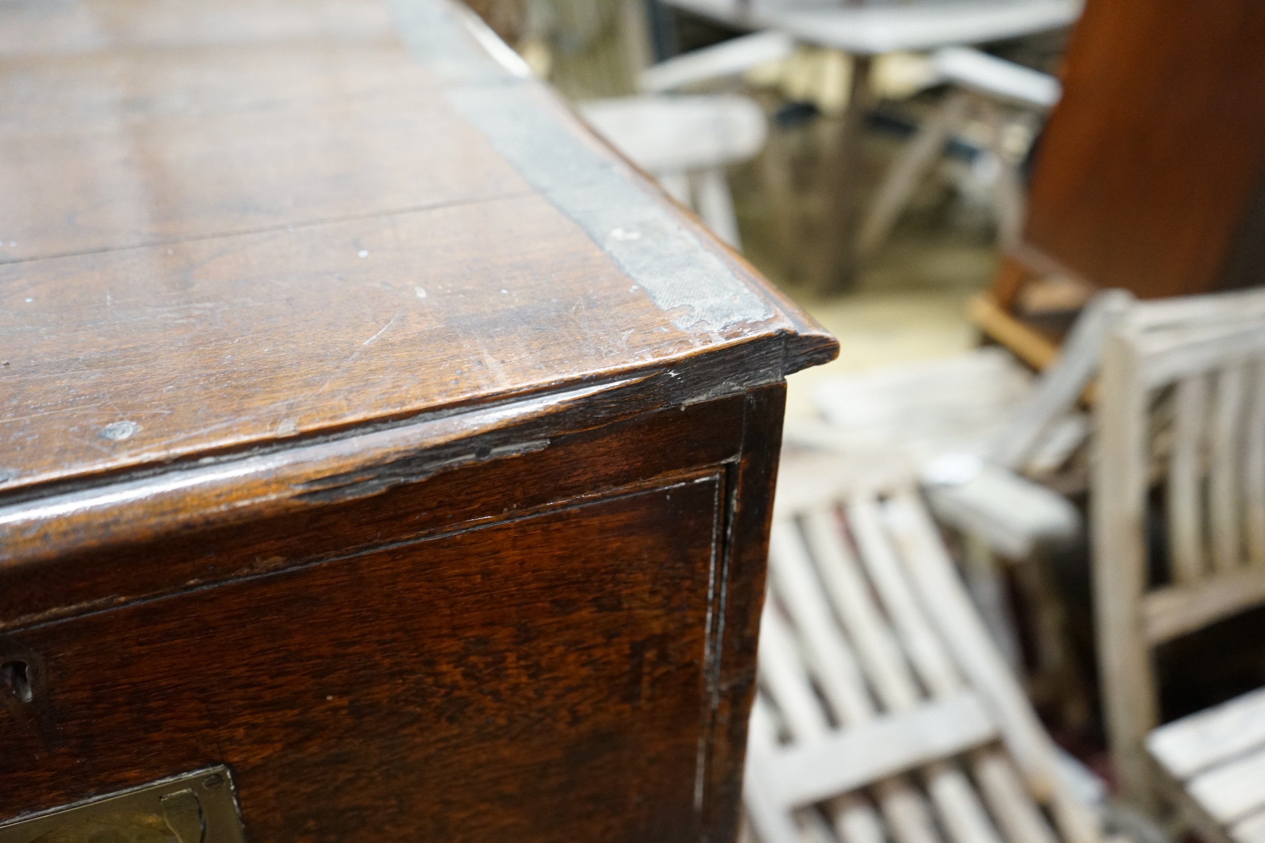 An early 19th century teak military chest with twin brass side handles, width 89cm, depth 62cm, height 117cm